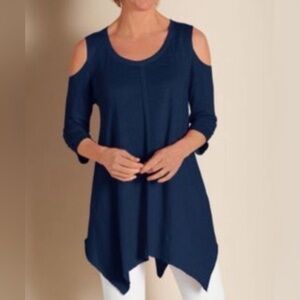 Soft Surroundings Cold Shoulder Linen Semi Sheer Tunic Blouse Handkerchief Hem M